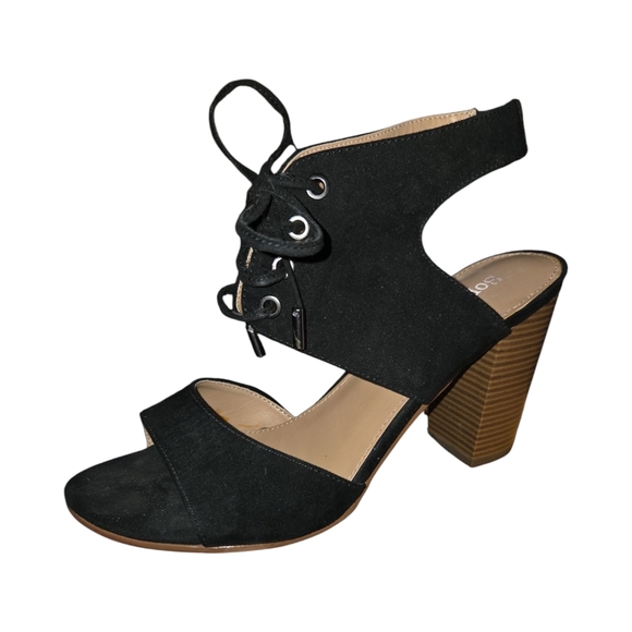 Black Chunky Heel Open Toe Sandals with Lace-Up Design Size 11 - Picture 1 of 6